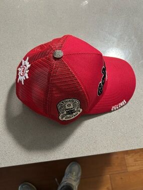 Red Mesh Trucker Cap with Embroidered Patches